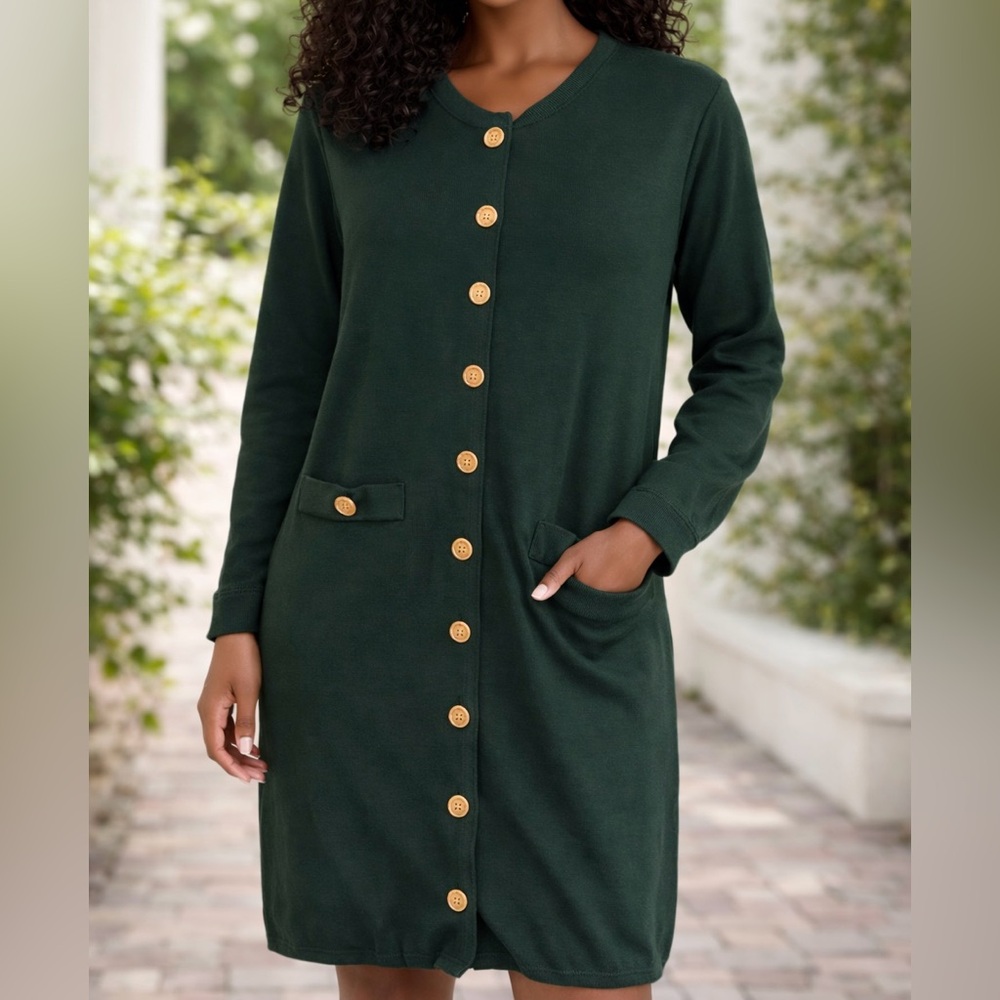 Vintage Sweater Dress Forest Green Long Sleeve Gold Buttons M Petite Made in USA